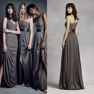 Vera Wang White Charcoal Satin Crepe One-Shoulder Belted Side Slit Formal Gown 8